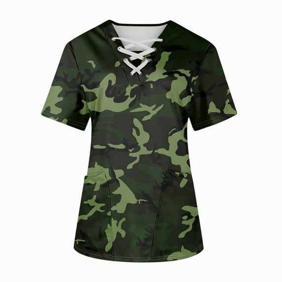 BDPORKAS Womens Scrubs Top Medical Workwear Cross V Neck Graphic Camo Print Working Nurse Uniforms Plus Size Stretchy Nursing Short Sleeve Tee Tops with Pockets