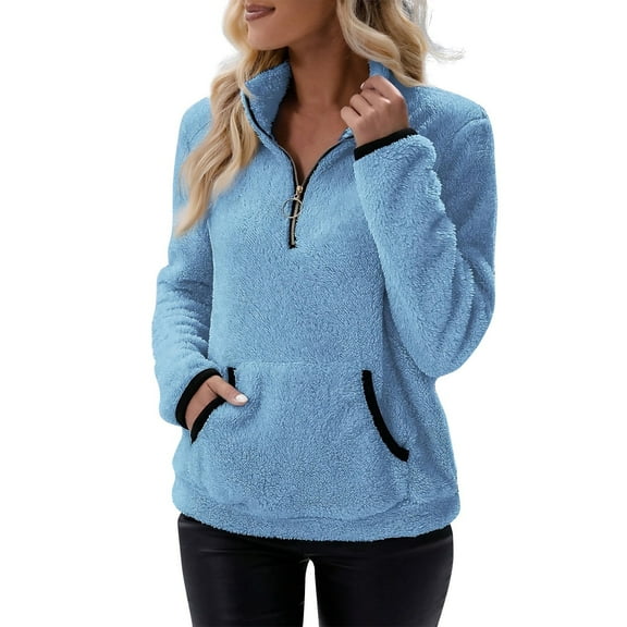 BDPORKAS Womens Sherpa Fleece Half Zip Sweatshirts Quarter Zip Up Oversized Pullover Hoodie Sweaters Tops with Pocket Blue XXL