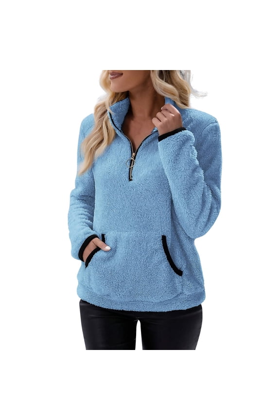 Womens Sherpa Fleece Half Zip Sweatshirts Quarter Zip Up Oversized Pullover Hoodie Sweaters Tops with Pocket Blue XXL