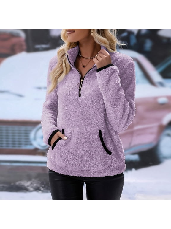 Womens Sherpa Fleece Half Zip Sweatshirts Quarter Zip Up Oversized Pullover Hoodie Sweaters Tops with Pocket