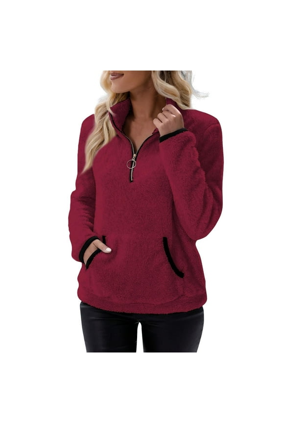 Women Oversized Sherpa Fleece Half Zipper Sweatshirts Fuzzy Collared Quarter Zip Pullover 2024 Fall Winter Clothes Wine L