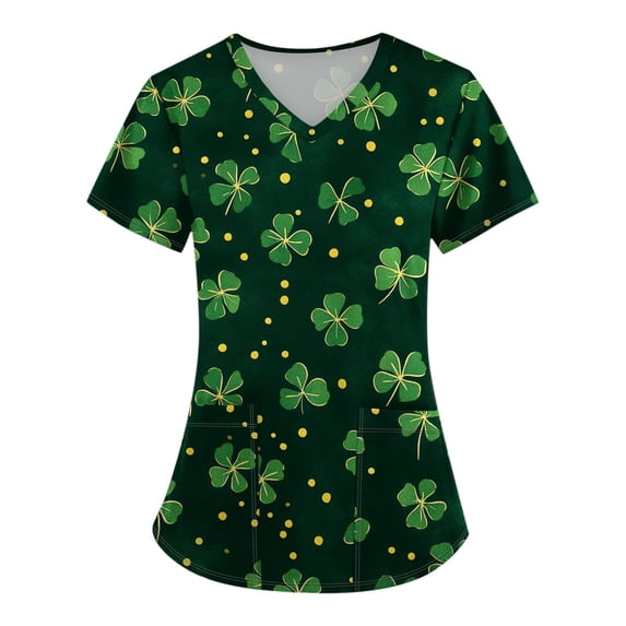 BDPORKAS Womens St. Patrick's Day Scrub Shirts V Neck Nursing Blouse Shamrock Print Short Sleeve Breathable Scrubs Tops Holiday Workwear