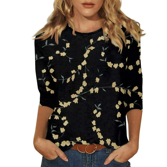 BDPORKAS Womens Tops Summer 2025 Trendy 3/4 Sleeve Oversized Tshirts Floral Print Graphic Tees Dressy Casual Crew Neck Blouse Three Quarter Sleeve Tunics or Tops To Wear with Leggings