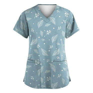 BDPORKAS Working Uniform for Women Summer Casual Print Scrub Tops Women V Neck Nursing Short Sleeve Tee Tops Medical Scrubs with Pockets