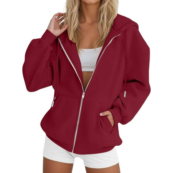 BDPORKAS Zip up Women's Hoodies and Sweatshirts Zipper Jacket Sweatshirt Casual Long Sleeve Plain Pullover Tops Wine