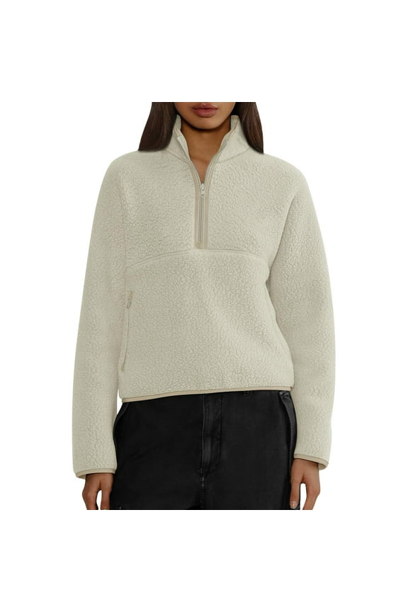 Zipper Hoodies for Women Fuzzy Fleece Quarter Zip Pullover Women Soft Warm Cropped Sweatshirts for Women Y2k Fall Winter Sweaters Beige S