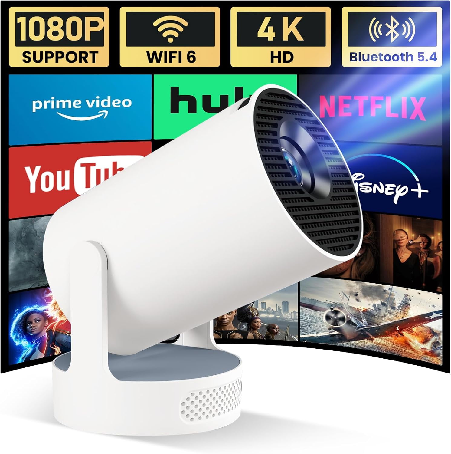 BDQ HY300 Mini 4K Portable Smart Projector with WiFi 6 & Bluetooth, Auto Keystone, 180Rotation, Android 11 Wireless Home Theater Projector for Bedroom