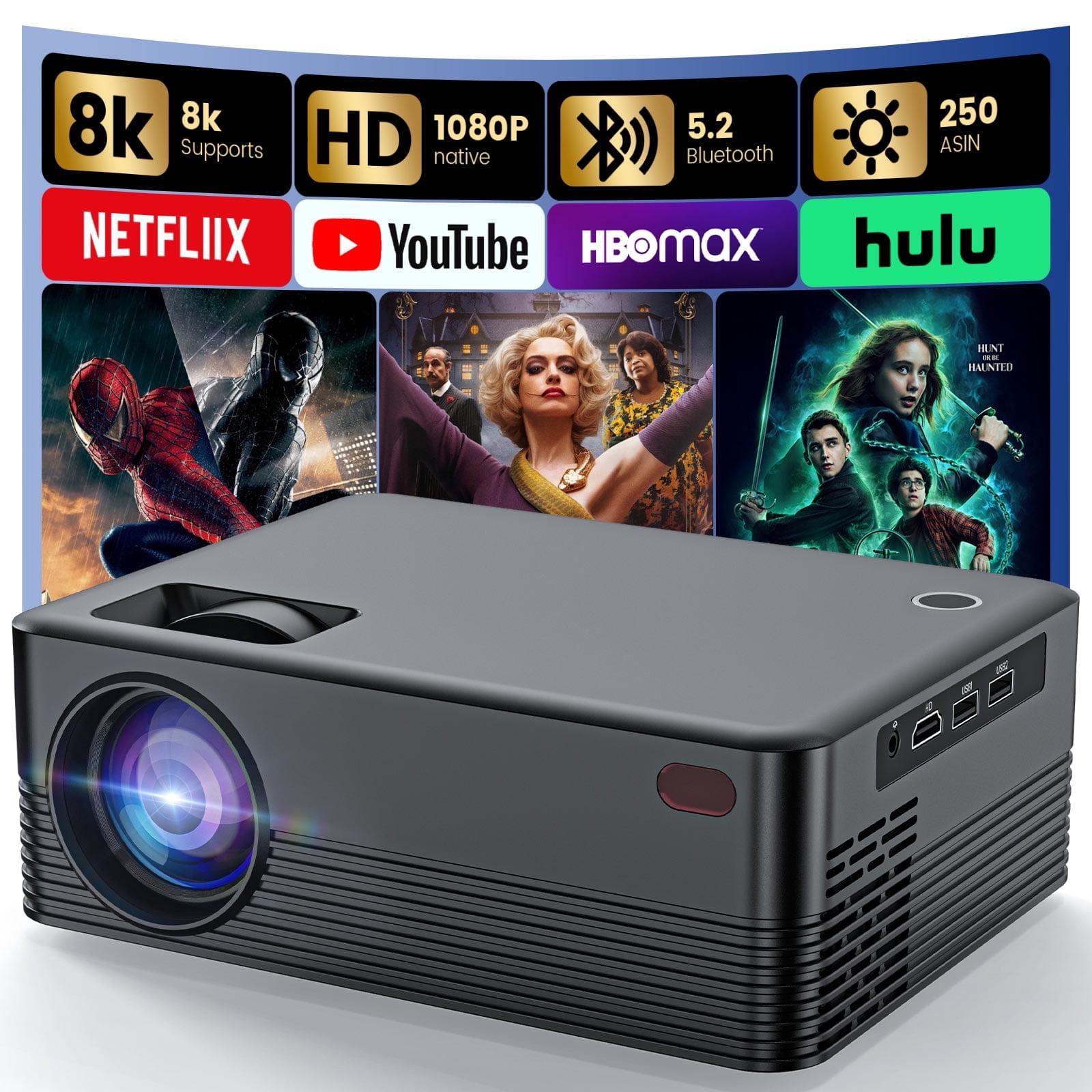 BDQ Projector with WiFi and Bluetooth,Support 8K 1080P 250ANSI,Portable Projector with Rack,40"-200" Screen Video,Compatible with Smartphone,TV Stick,Laptop,HDMI,USB (Black)