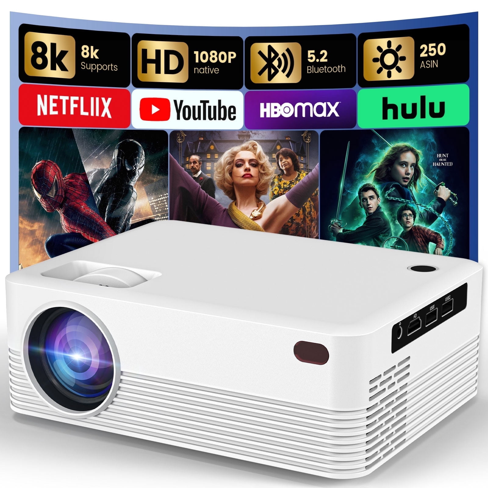 BDQ Projector with WiFi and Bluetooth,Support 8K 1080P,250ANSI,Portable Projector with Rack,40"-200" Screen Video,Compatible with Smartphone,TV Stick,Laptop,HDMI,USB（White）