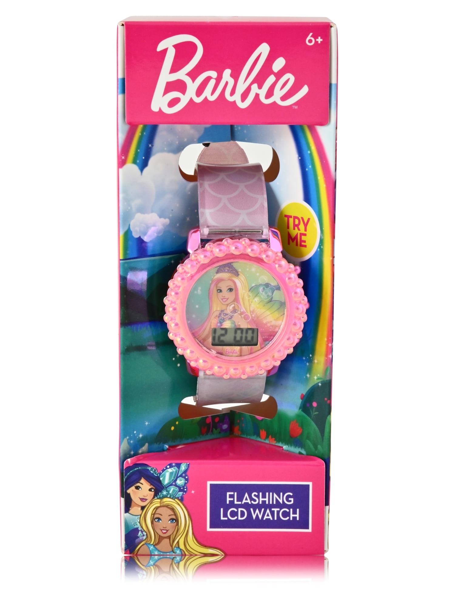 BDT4175WM Barbie Kids Molded Case Flashing Lights LCD Watch with Printed Strap