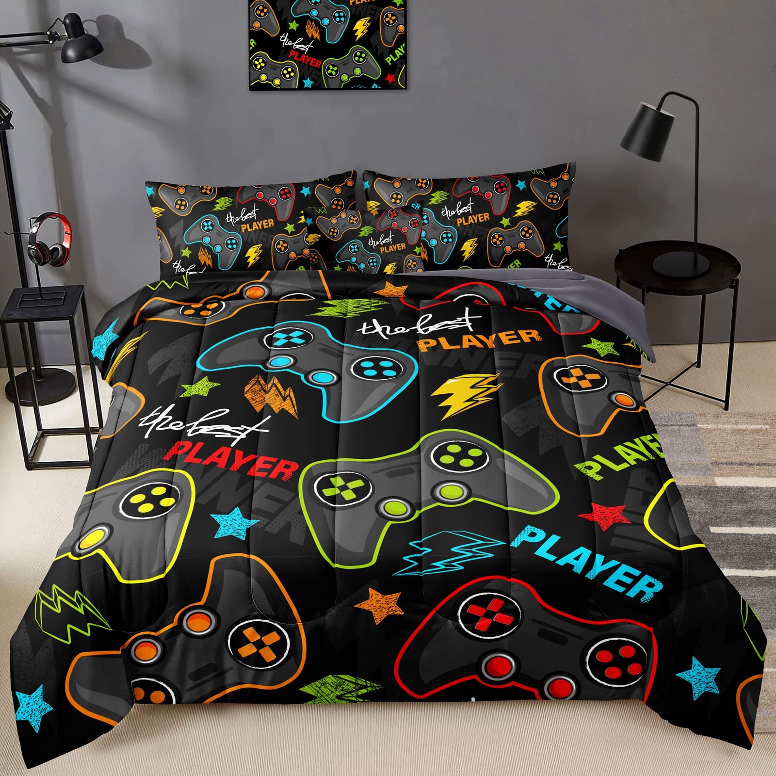 BDUCOK 6 Pieces Gamer Comforter Set for Boys Gaming Bedding Set Full