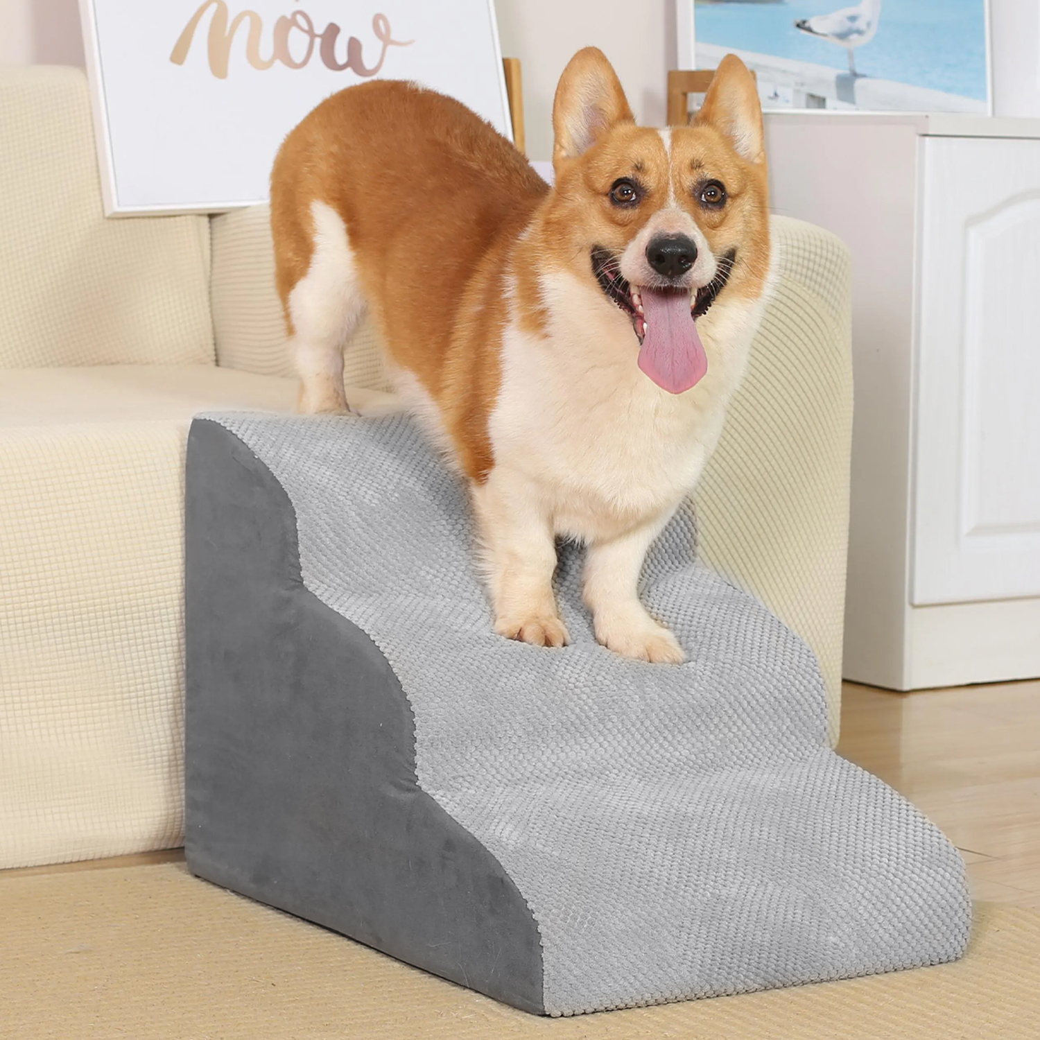 Zinus Foam 15" 3Step Pet Stairs, Small, Grey Plaid