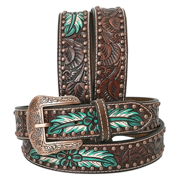 BE BAR H EQUINE Natural Floral Hand Painted Western Fashion Premium Leather Men And Women Belt Brown