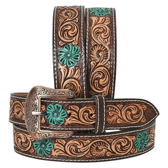 BE BAR H EQUINE Turquoise Flower Hand Painted Western Leather Men And Women Belt Brown