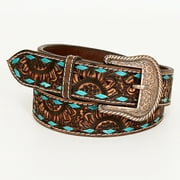 BE BAR H EQUINE Turquoise Sunflower Floral Hand Carved Western Fashion Premium Leather Belt Brown