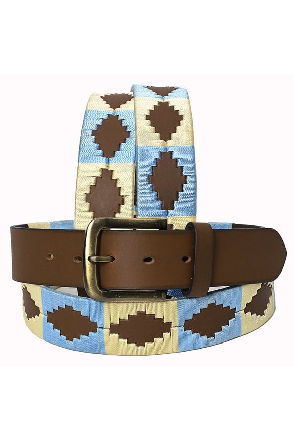 BE BAR H EQUINE Western Genuine Leather Men And Women Brown Belt Embroidered Beige & Light Blue