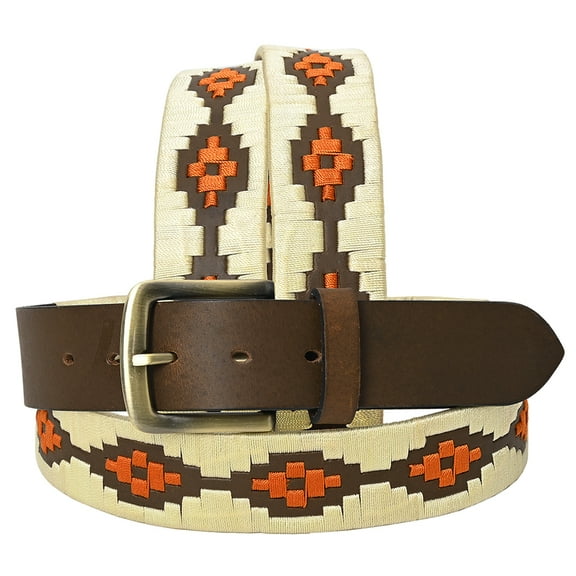 BE BAR H EQUINE Western Genuine Leather Men And Women Brown Belt Embroidered Beige & Orange