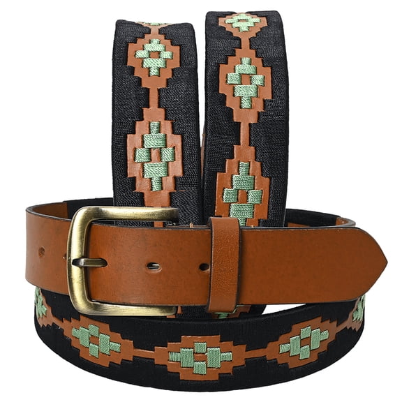 BE BAR H EQUINE Western Genuine Leather Men And Women Brown Belt Embroidered Black & Light Green