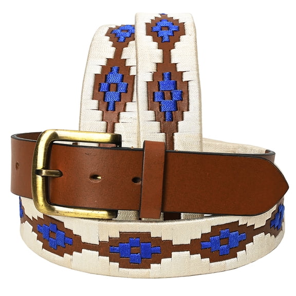 BE BAR H EQUINE Western Genuine Leather Men And Women Brown Belt Embroidered White & Blue