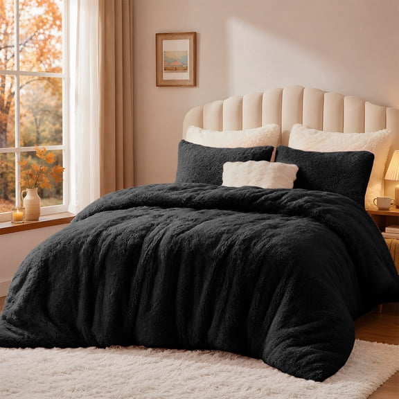 SoComfy by Bedelite Black Fluffy Comforter Set Twin, Fuzzy Faux Fur Comforter
