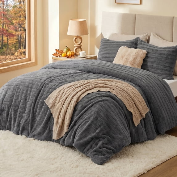SoComfy by Bedelite Queen Faux Fur Comforter Set, Fluffy Fleece, Soft Warm Plush, 3-Piece, Dark Grey
