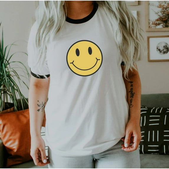 BE HAPPY Graphic Ringer Tee