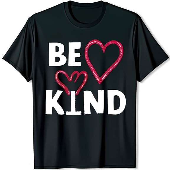 BE KIND Black T-Shirt with Childlike Pink Hearts Positive Tee