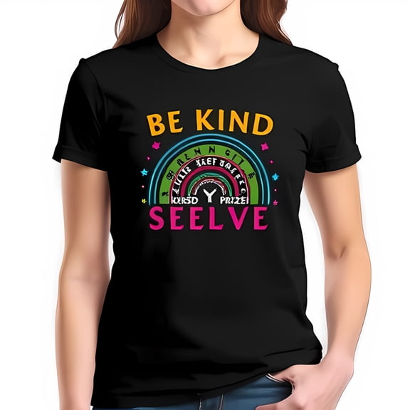 BE KIND Cotton Short Sleeve T-Shirt with Vibrant Rainbow Graphic & Multicolored Text Design - Positive Message Tee