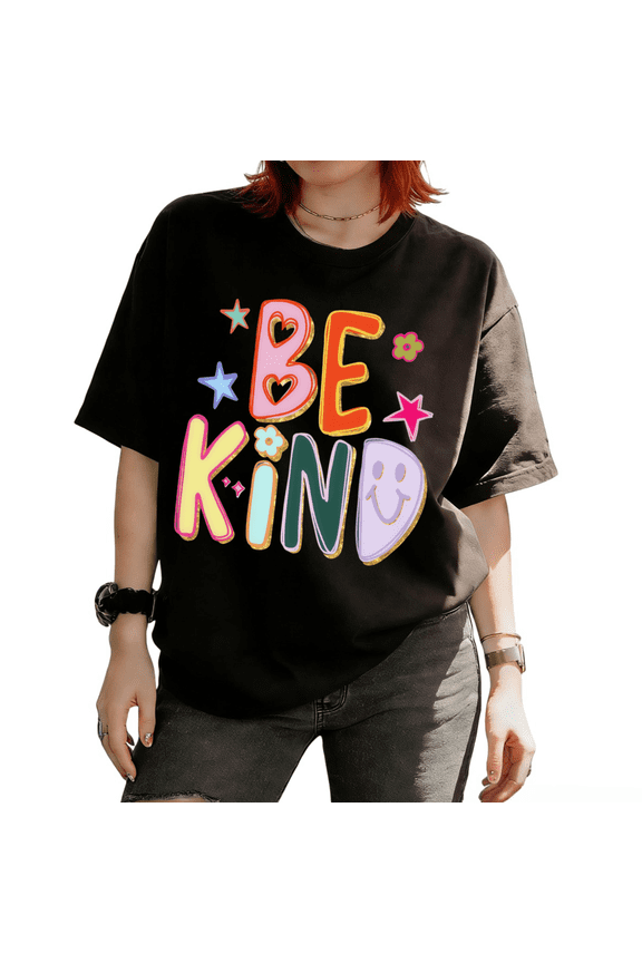 BE KIND Graphic Casual Tees T-shirt Colorful Smiley Face Star Flower Tops Short Sleeve Round Neck Black S-5XL