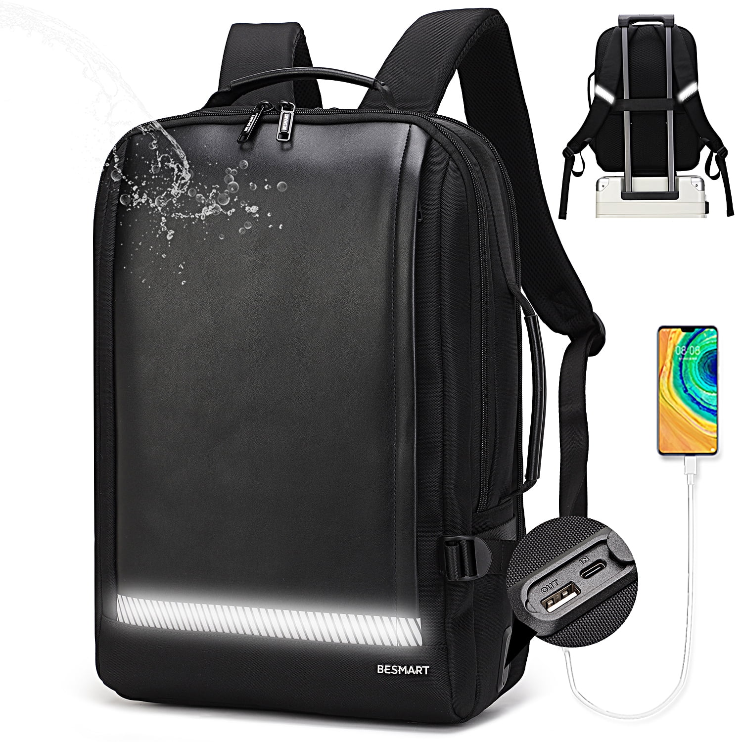 BE SMART Waterproof Expandable Laptop Backpack with Type C USB Charging Port Trolley Sleeve Shockproof 15.6 Inch Computer Bag for Men Women Boarding Casual Daypack for Travel Business Work Black Walma...