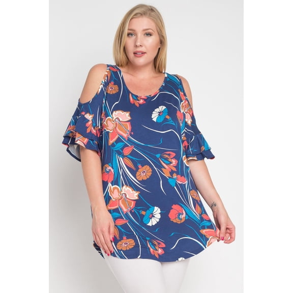 BE STAGE Plus Size Cold Shoulder Ruffled Sleeve Tunic Top (2XL)