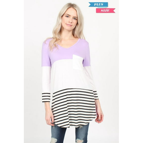 BE STAGE Plus Size Long Sleeve Color Block Top (3XL)