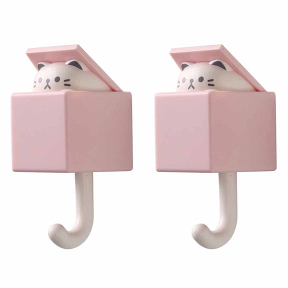 BE-TOOL 2PCS Cute Cat Key Hook Key Holder Animal Shape Wall Hook Adhesive Hook for Coat Scarf Hat Towel Key Bag Pink