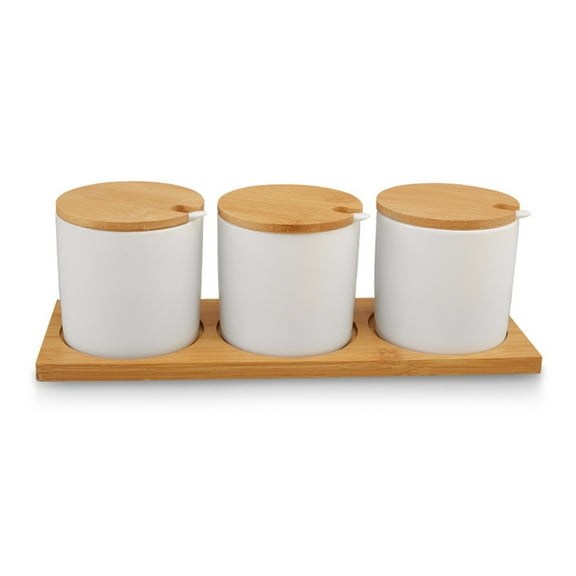 BE-TOOL 3Pcs Ceramic Spice Jars Dispenser Set with Spoons for Tea Coffee Spice Condiment White No Grain