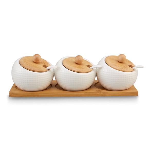 BE-TOOL 3Pcs Ceramic Spice Jars Dispenser Set with Spoons for Tea Coffee Spice Condiment White Plaid
