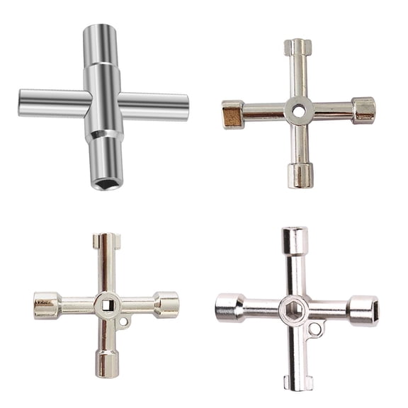 BE-TOOL 4PCS Multifunctional Wrench Key 4-in-1 Faucet Wrench 4-Way Utilities Key for Elevator Repair Door Lock Repair Silver