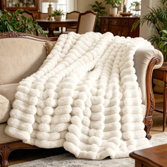 SoComfy by Bedelite Striped Faux Fur Throw Blanket for Sofa & Bed, 50"*60", Cream