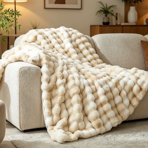 SoComfy by Bedelite Faux Fur Throw Bubble Blanket for Sofa & Bed, 50"*60", Khaki