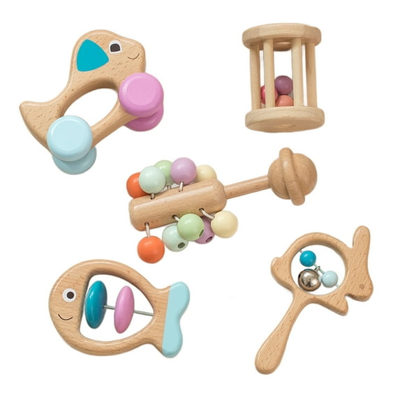 BEACENOV Montessori Wooden Rattle Toy Set for Infant Baby Boys Girls 0-6 Months,Montessori Baby Toys 6-12 Months,Toddler Development Toys,Baby Sensory Toy,Set of 5,Baby Shower Gifts