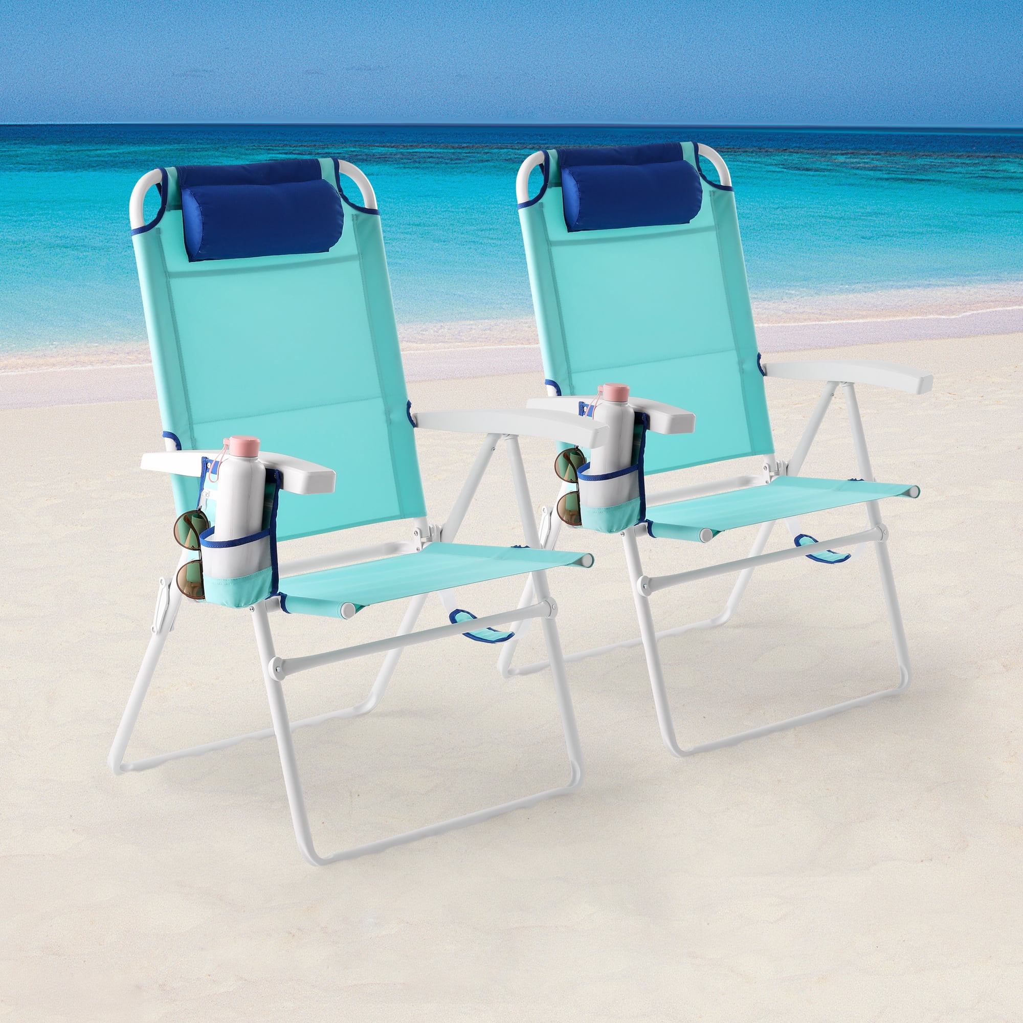 Mainstay Reclining 4-Position Oversize 2-Pack Beach Chair, Teal