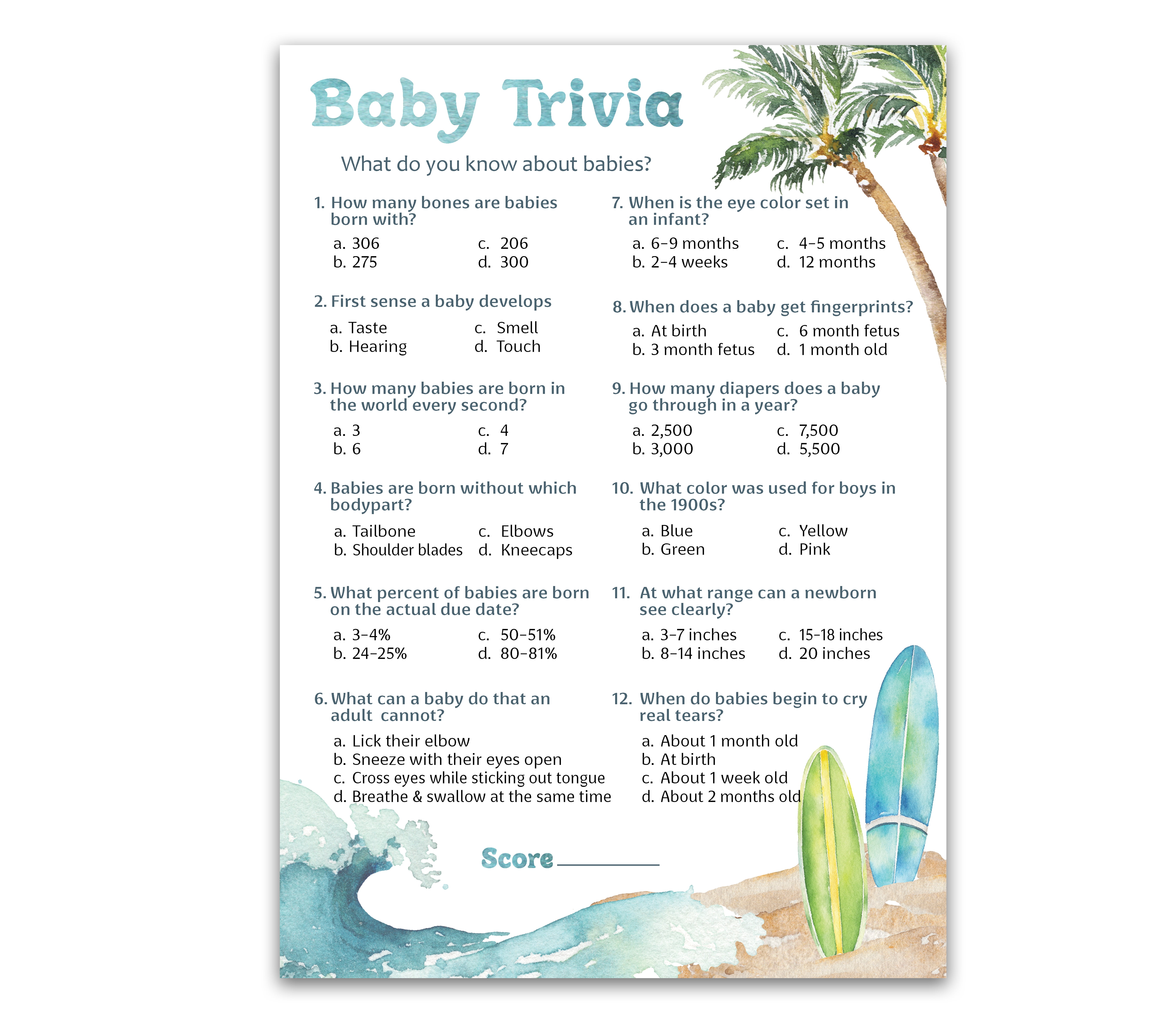BEACH SURF Theme Baby Shower Game — BABY TRIVIA Game — Pack of 25