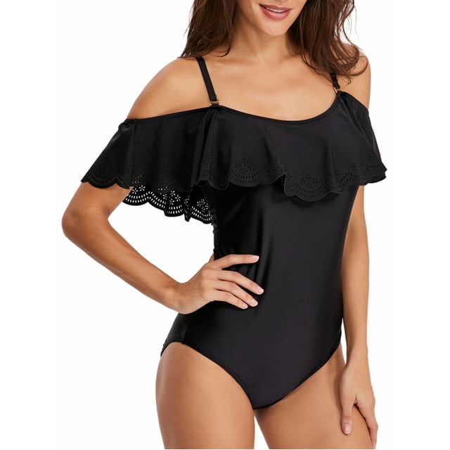 Women's Off-Shoulder One Piece Swimsuit With Lace & Ruffles - Black Tempt Me Bathing Suit