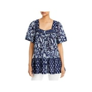 BEACHLUNCHLOUNGE COLLECTION Womens Navy Lace Ruffled Button Down Printed Bell Sleeve Square Neck Top S