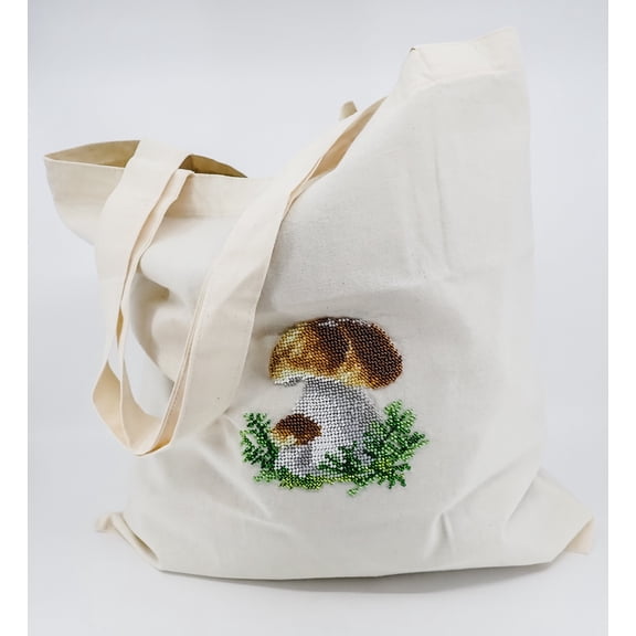 BEAD EMBROIDERY MUSHROOM FORAGING REUSABLE SHOPPING TOTE BAG MADE IN UKRAINE