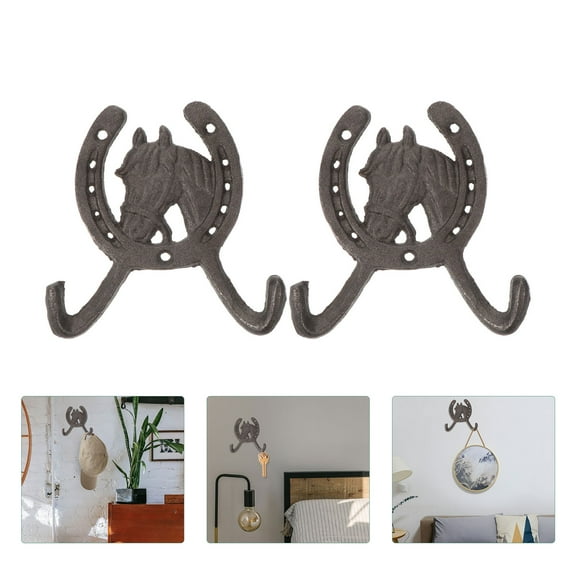 BEADCEST 2Pcs Horseshoe Hooks For Wall Black Wrought Iron Wall Mounted Hanger For Home Use