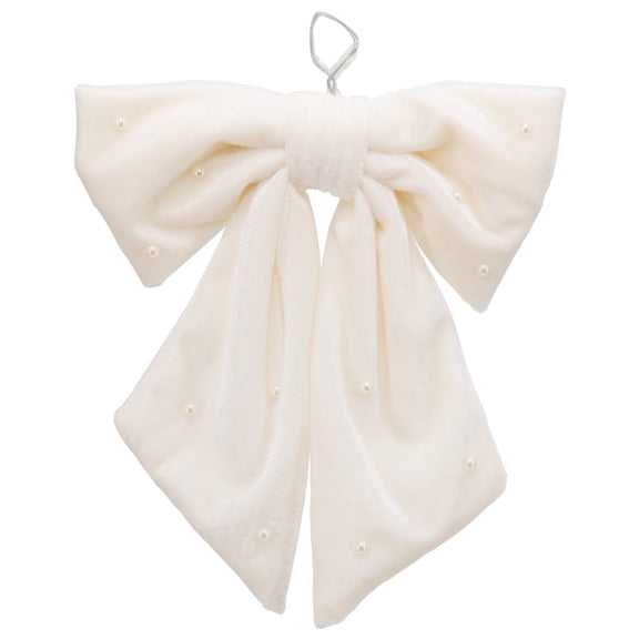 My Texas House White Beaded Velvet Decorative Christmas Bow, 7.5"
