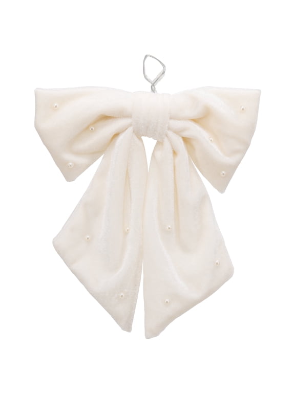 White Beaded Velvet Decorative Christmas Bow, 7.5"