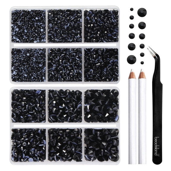 BEADSLAND 6080PCS Black Hotfix Rhinestones, 6 Sizes with Wax Pencil and Tweezers Kit, SS6-SS30, Jet Black