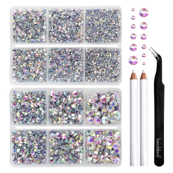 BEADSLAND 6080PCS Clear AB Hotfix Rhinestones, 6 Sizes with Wax Pencil and Tweezers Kit, SS6-SS30, Crystal AB