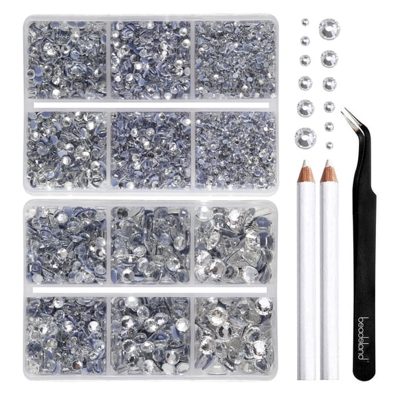 BEADSLAND 6080PCS Clear Hotfix Rhinestones, 6 Sizes with Wax Pencil and Tweezers Kit, SS6-SS30, Crystal